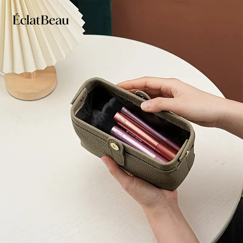 EclatBeau Genuine Leather Travel Makeup & Business Organizer Bag - Large Capacity Lychee Pattern Top Grain Wallet-like Case with Golden-Tone Snap Closure, Lightweight Durable Case for Women & Men (Black, Multi-Functional Gift)