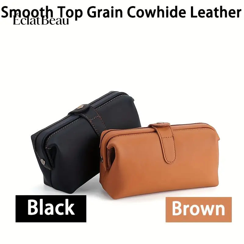EclatBeau Genuine Leather Travel Makeup & Business Organizer Bag - Large Capacity Lychee Pattern Top Grain Wallet-like Case with Golden-Tone Snap Closure, Lightweight Durable Case for Women & Men (Black, Multi-Functional Gift)