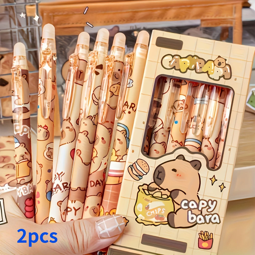 2-pack of Cute Capybara-themed Erasable Plastic Pens- 0.5mm Fine Tip, Quick-drying Ink, Lightweight Retractable Ballpoint Pen with Built-in Eraser, Yellow and Brown Design, Suitable Office and School