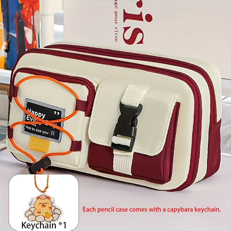 2pcs\u002F1 Set of a Workwear Style Contrast Color Pencil Case, Including a Pencil Case and a Capybara Keychain. A New Student Stationery Organizer. Storage Capacity: Features a 9-layer Large-capacity Structure, Capable of Holding 80+ Pens. It Can Store