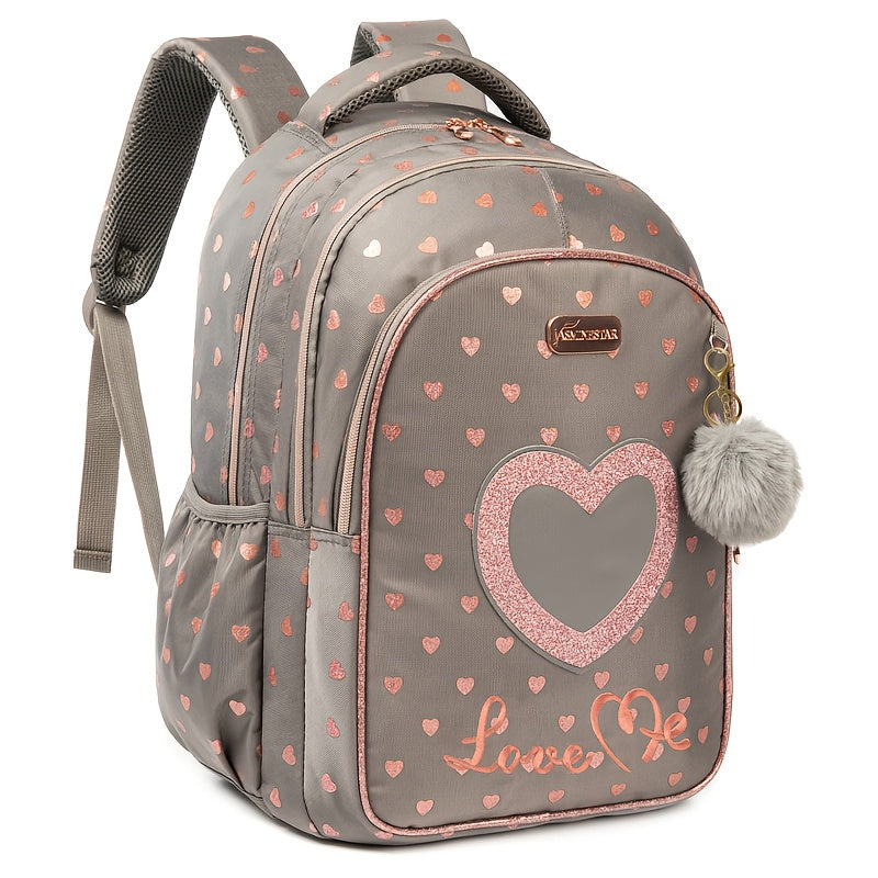 16.5-Inch Women'S Backpack - Laptop Bag with Zipper Closure, Roomy Interior, Stylish Gray And Pink Heart Pattern, Sturdy Material, Ideal for College, Travel, And Work - Everyday Carry Bag for Women, Travel Backpack, College Necessities