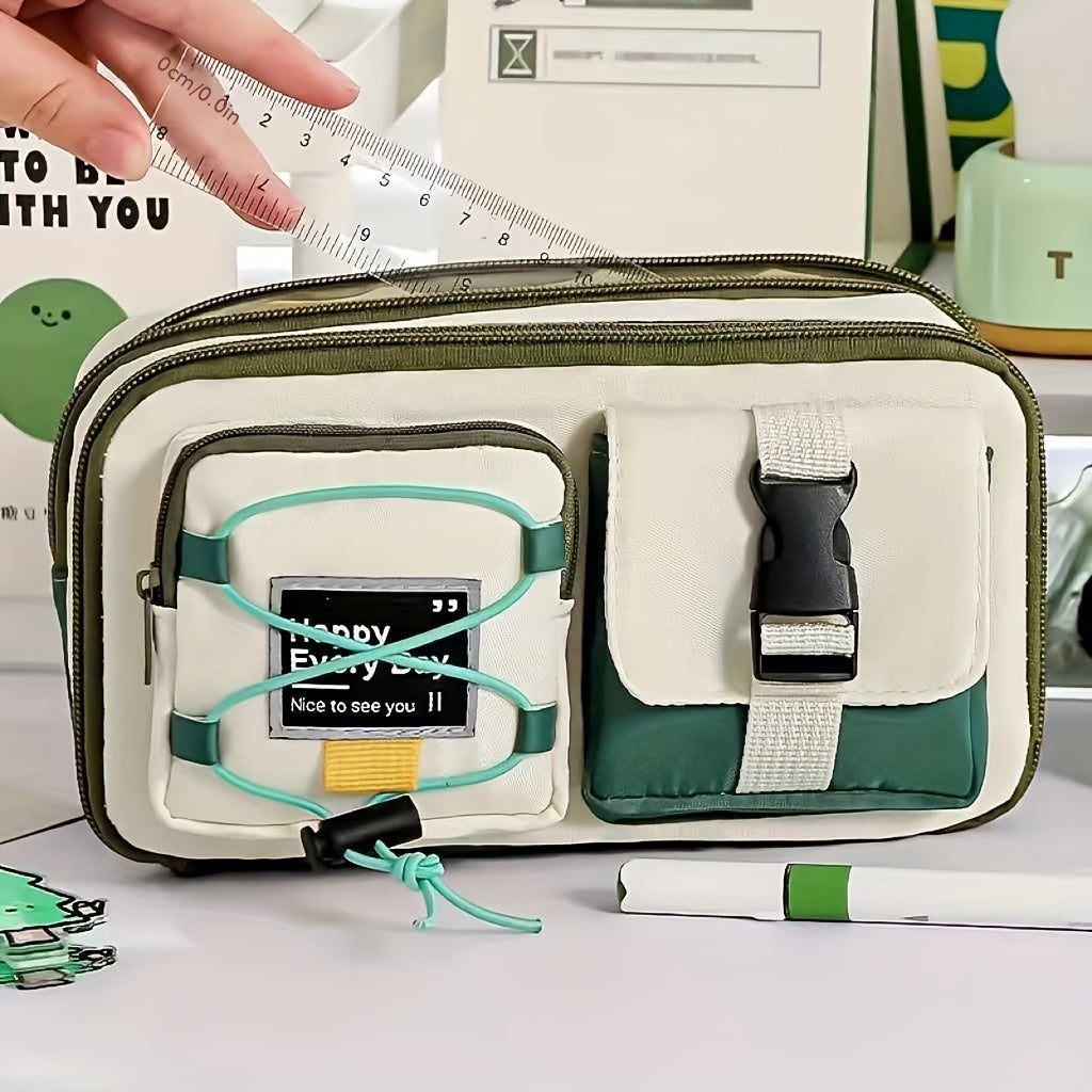 2pcs\u002F1 Set of a Workwear Style Contrast Color Pencil Case, Including a Pencil Case and a Capybara Keychain. A New Student Stationery Organizer. Storage Capacity: Features a 9-layer Large-capacity Structure, Capable of Holding 80+ Pens. It Can Store