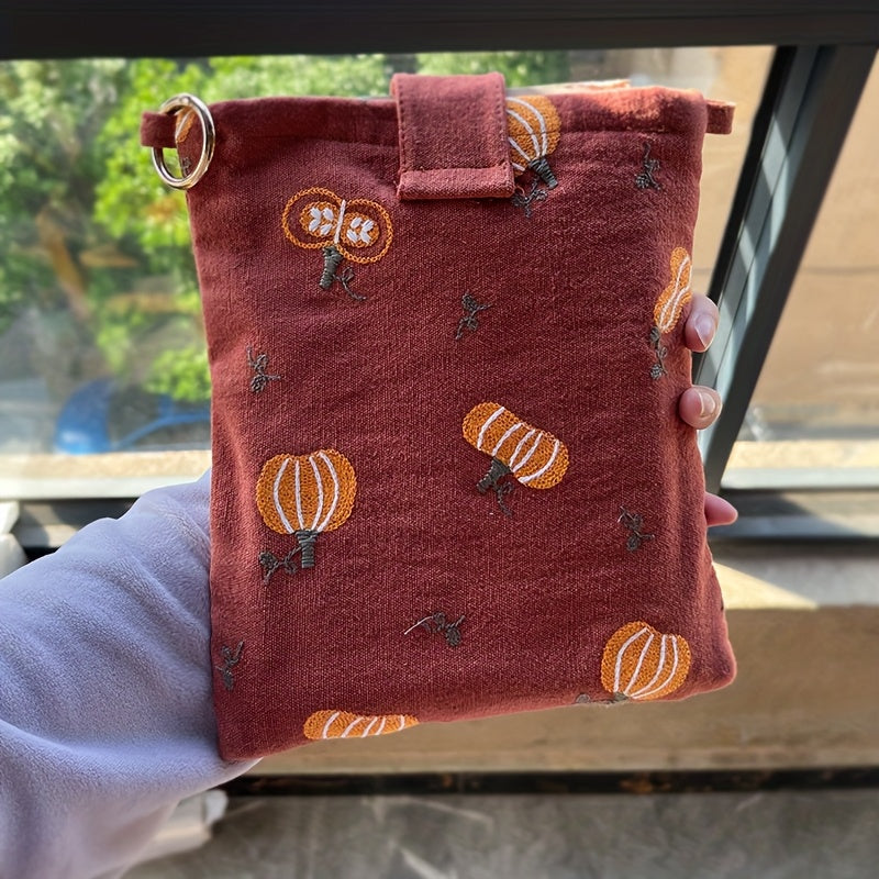 1 Portable 2-in-1 Reading Pencil Case with Embroidered Pumpkin, Dual Pockets for A5 Notebooks, Multifunctional Notebook Storage Bag, Durable Meeting Notebook Bag, Book Cover, Slim Storage Bag, Christmas Gift, Thanksgiving Gift, Birthday Gift