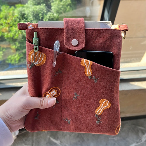 1 Portable 2-in-1 Reading Pencil Case with Embroidered Pumpkin, Dual Pockets for A5 Notebooks, Multifunctional Notebook Storage Bag, Durable Meeting Notebook Bag, Book Cover, Slim Storage Bag, Christmas Gift, Thanksgiving Gift, Birthday Gift