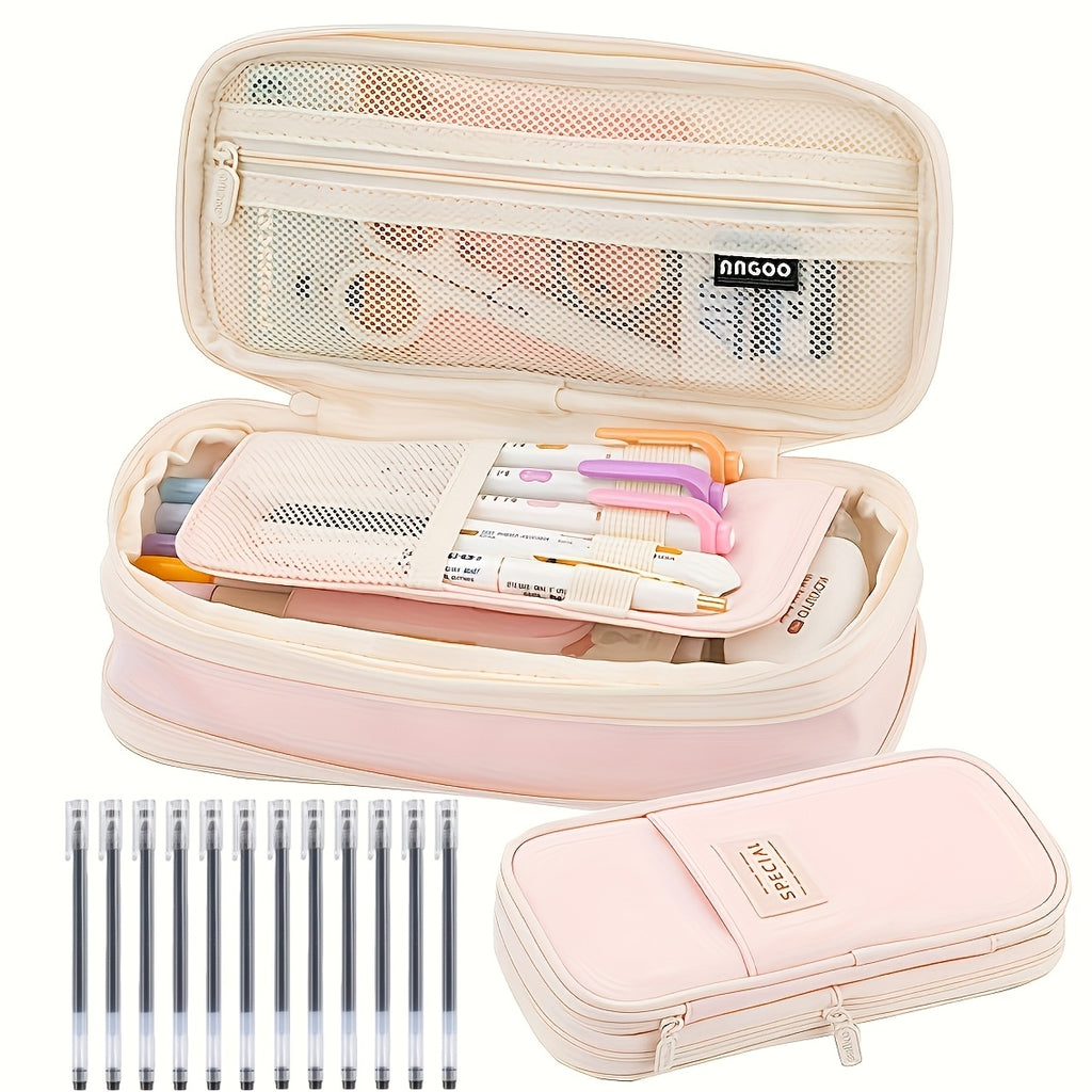 Value Bundle 11pcs Pencil Set- New Arrival Large Capacity Expandable Black Twill Pencil- Includes 10 Black Ballpoint Pens- Office Supplies\u002F Daily Office Supplies\u002F Desk Accessories