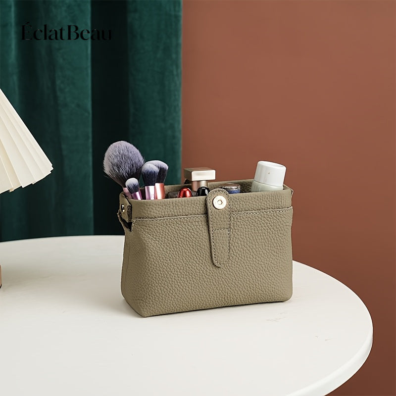 EclatBeau Genuine Leather Travel Makeup & Business Organizer Bag - Large Capacity Lychee Pattern Top Grain Wallet-like Case with Golden-Tone Snap Closure, Lightweight Durable Case for Women & Men (Black, Multi-Functional Gift)