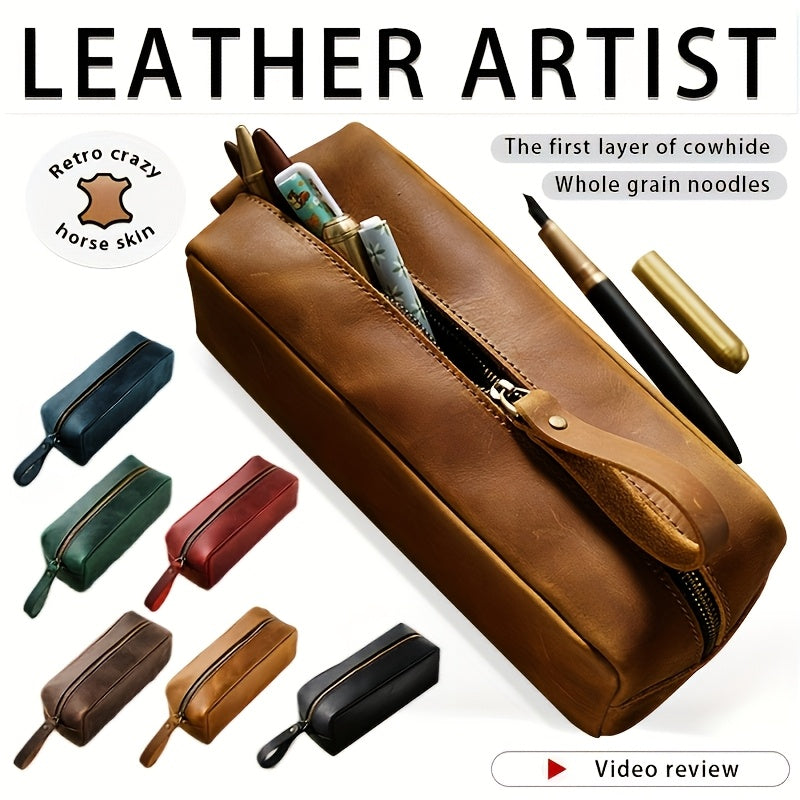 Men'S Genuine Leather Handmade Vintage Crazy Horse Leather, Full Grain, Top Layer Cowhide Pencil Case & Storage Bag, Multifunctional Daily Carry Accessory, Top Layer Cowhide Inner Bag for Lipstick Storage, Multifunctional Toiletry And Makeup Bag