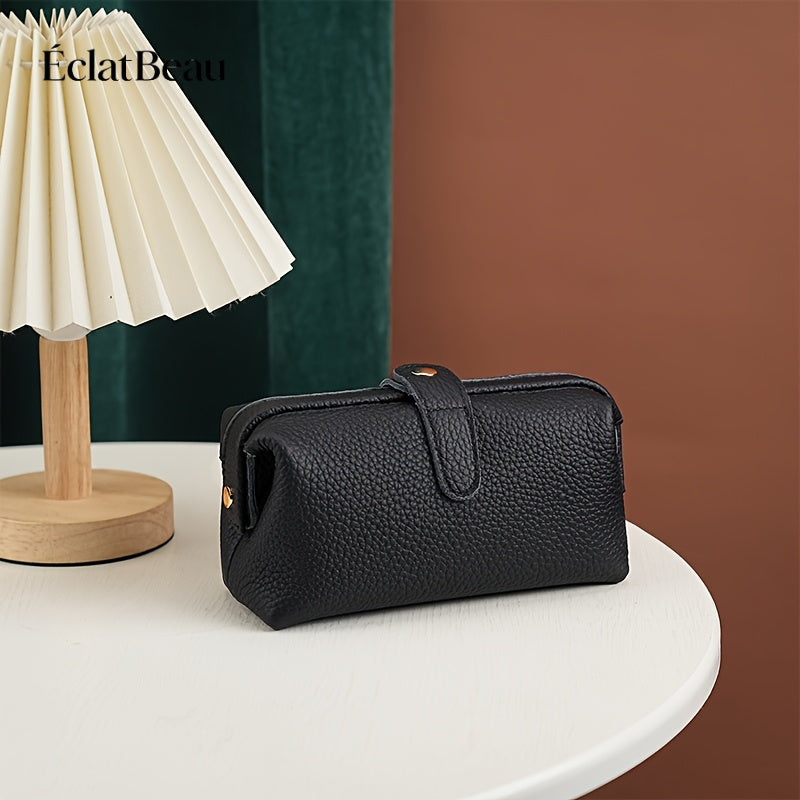 EclatBeau Genuine Leather Travel Makeup & Business Organizer Bag - Large Capacity Lychee Pattern Top Grain Wallet-like Case with Golden-Tone Snap Closure, Lightweight Durable Case for Women & Men (Black, Multi-Functional Gift)