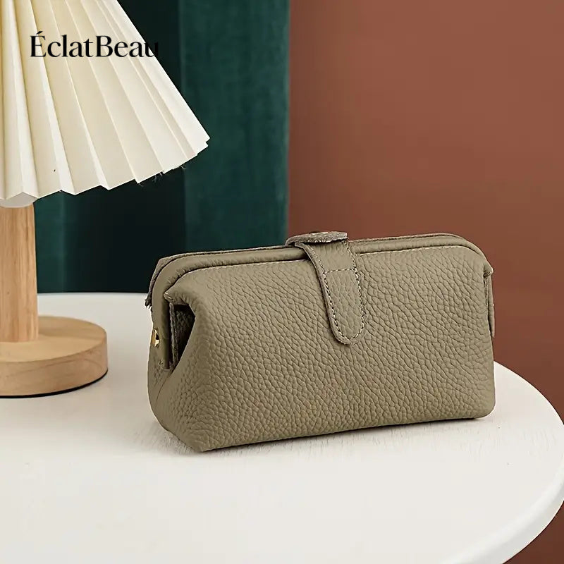 EclatBeau Genuine Leather Travel Makeup & Business Organizer Bag - Large Capacity Lychee Pattern Top Grain Wallet-like Case with Golden-Tone Snap Closure, Lightweight Durable Case for Women & Men (Black, Multi-Functional Gift)