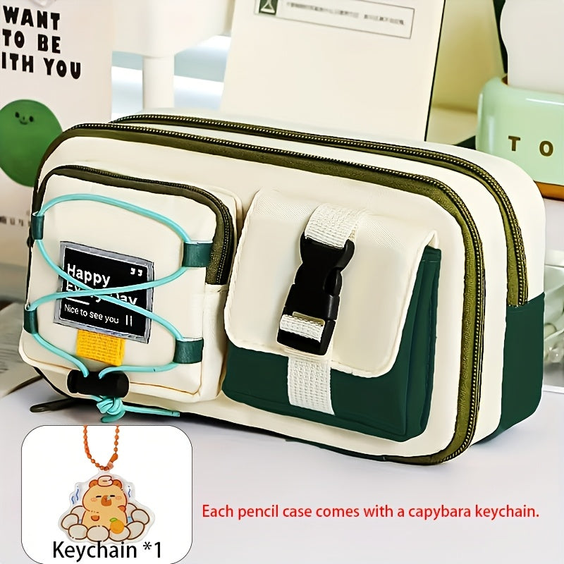 2pcs\u002F1 Set of a Workwear Style Contrast Color Pencil Case, Including a Pencil Case and a Capybara Keychain. A New Student Stationery Organizer. Storage Capacity: Features a 9-layer Large-capacity Structure, Capable of Holding 80+ Pens. It Can Store
