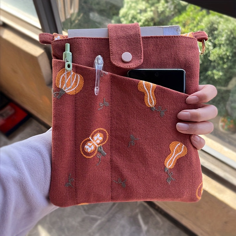 1 Portable 2-in-1 Reading Pencil Case with Embroidered Pumpkin, Dual Pockets for A5 Notebooks, Multifunctional Notebook Storage Bag, Durable Meeting Notebook Bag, Book Cover, Slim Storage Bag, Christmas Gift, Thanksgiving Gift, Birthday Gift
