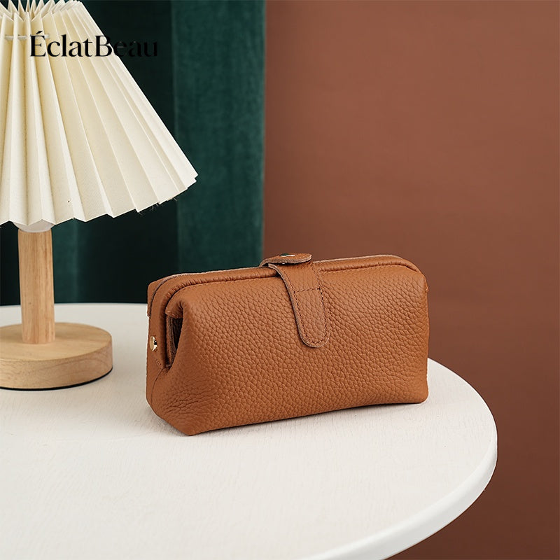 EclatBeau Genuine Leather Travel Makeup & Business Organizer Bag - Large Capacity Lychee Pattern Top Grain Wallet-like Case with Golden-Tone Snap Closure, Lightweight Durable Case for Women & Men (Black, Multi-Functional Gift)