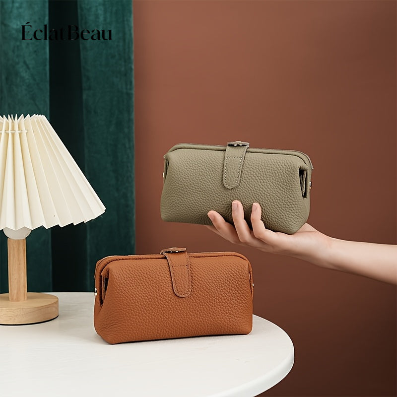 EclatBeau Genuine Leather Travel Makeup & Business Organizer Bag - Large Capacity Lychee Pattern Top Grain Wallet-like Case with Golden-Tone Snap Closure, Lightweight Durable Case for Women & Men (Black, Multi-Functional Gift)