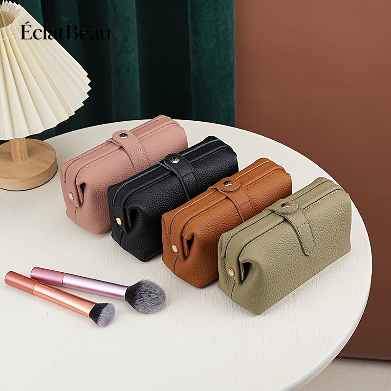 EclatBeau Genuine Leather Travel Makeup & Business Organizer Bag - Large Capacity Lychee Pattern Top Grain Wallet-like Case with Golden-Tone Snap Closure, Lightweight Durable Case for Women & Men (Black, Multi-Functional Gift)