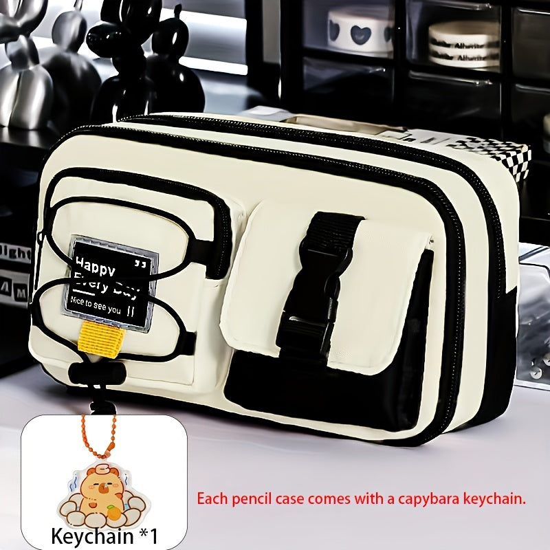 2pcs\u002F1 Set of a Workwear Style Contrast Color Pencil Case, Including a Pencil Case and a Capybara Keychain. A New Student Stationery Organizer. Storage Capacity: Features a 9-layer Large-capacity Structure, Capable of Holding 80+ Pens. It Can Store
