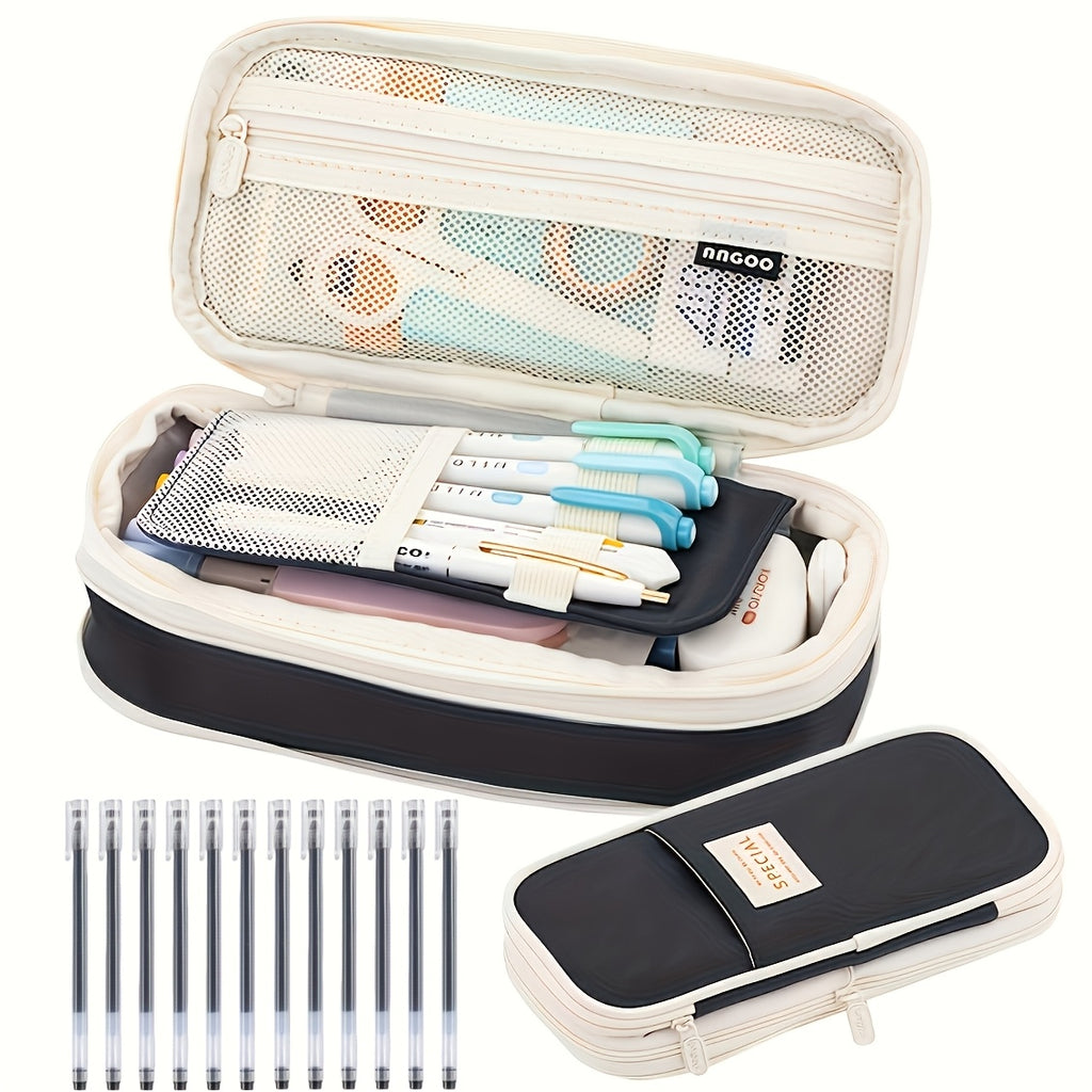 Value Bundle 11pcs Pencil Set- New Arrival Large Capacity Expandable Black Twill Pencil- Includes 10 Black Ballpoint Pens- Office Supplies\u002F Daily Office Supplies\u002F Desk Accessories