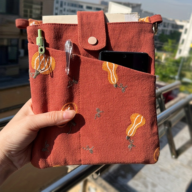 1 Portable 2-in-1 Reading Pencil Case with Embroidered Pumpkin, Dual Pockets for A5 Notebooks, Multifunctional Notebook Storage Bag, Durable Meeting Notebook Bag, Book Cover, Slim Storage Bag, Christmas Gift, Thanksgiving Gift, Birthday Gift