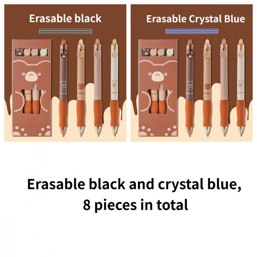 2 Styles, 8 Erasable Pens per Style | Cartoon Minimalist Pattern Theme, Erasable Black Crystal Blue, Smooth Non-Stop Ink, Quick Drying, High Capacity Gel Pen for Study and Office Writing