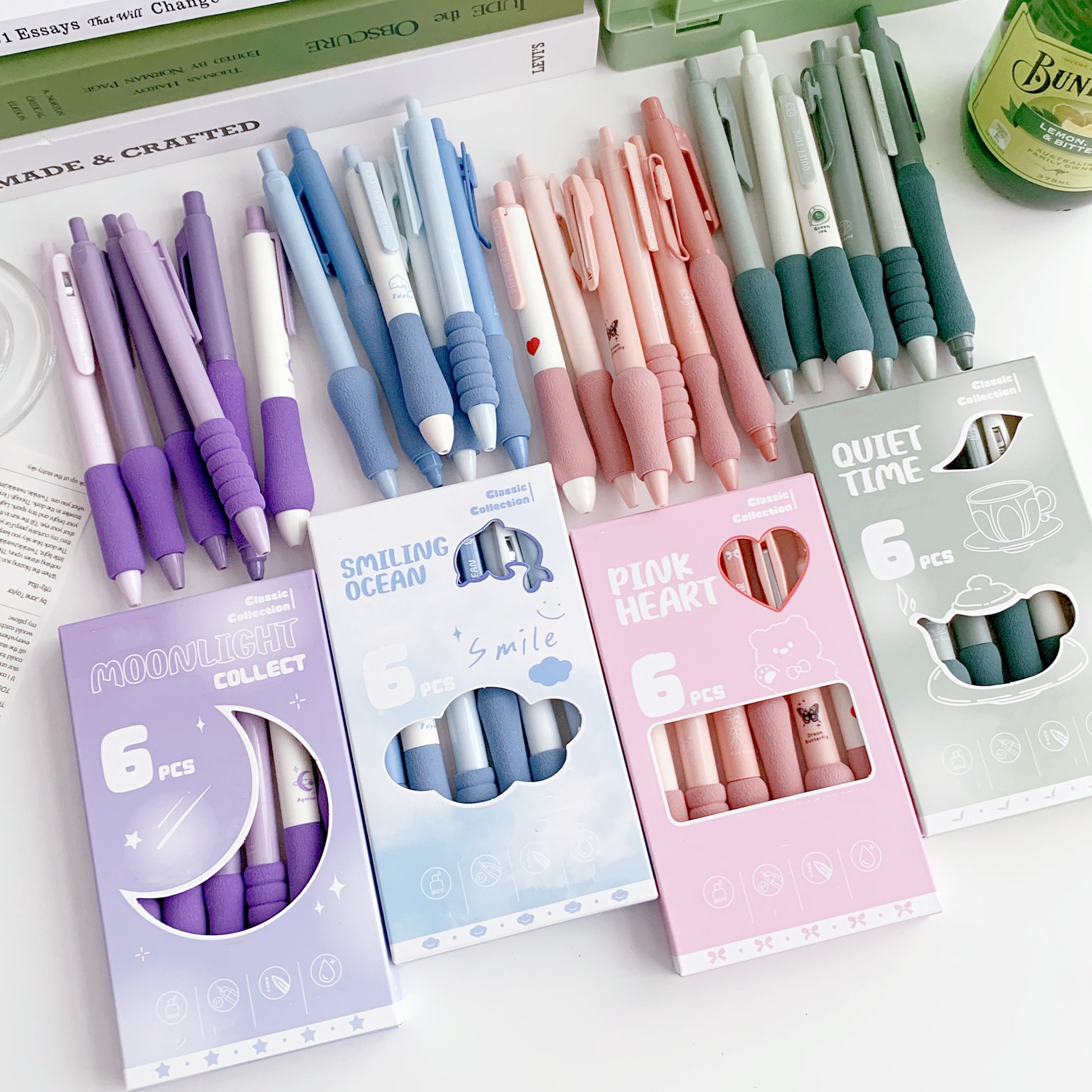 Relax Ballpoint Pens 6-Pack Dopamine Soft Grip Click Pens | 0.5mm Black Ballpoint Pens for School Students Exam, New Year Gift