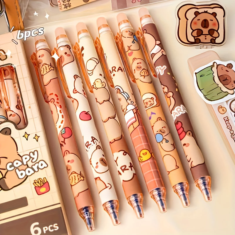 2-pack of Cute Capybara-themed Erasable Plastic Pens- 0.5mm Fine Tip, Quick-drying Ink, Lightweight Retractable Ballpoint Pen with Built-in Eraser, Yellow and Brown Design, Suitable Office and School