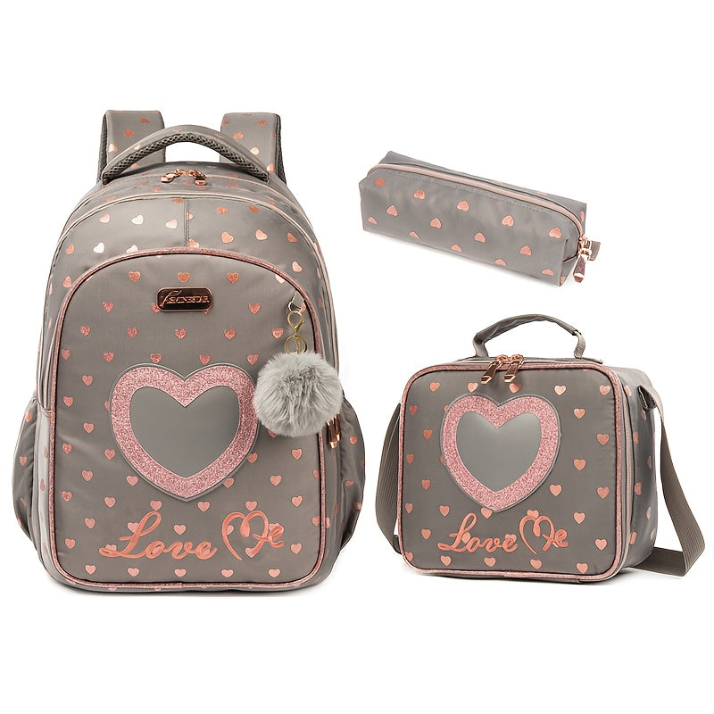 16.5-Inch Women'S Backpack - Laptop Bag with Zipper Closure, Roomy Interior, Stylish Gray And Pink Heart Pattern, Sturdy Material, Ideal for College, Travel, And Work - Everyday Carry Bag for Women, Travel Backpack, College Necessities