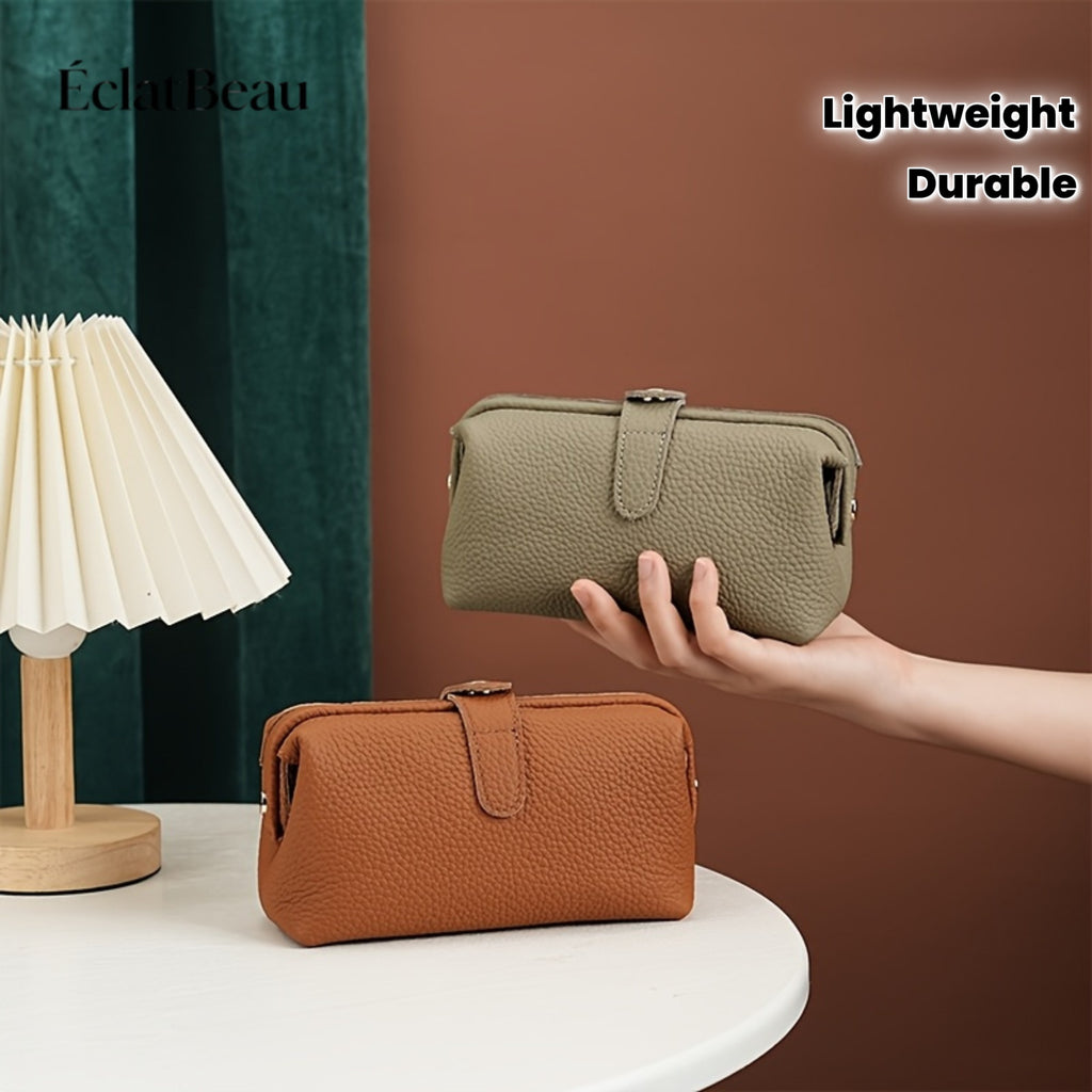 EclatBeau Genuine Leather Travel Makeup & Business Organizer Bag - Large Capacity Lychee Pattern Top Grain Wallet-like Case with Golden-Tone Snap Closure, Lightweight Durable Case for Women & Men (Black, Multi-Functional Gift)