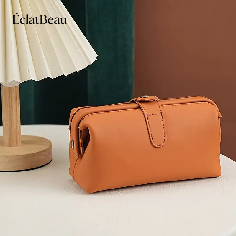 EclatBeau Genuine Leather Travel Makeup & Business Organizer Bag - Large Capacity Lychee Pattern Top Grain Wallet-like Case with Golden-Tone Snap Closure, Lightweight Durable Case for Women & Men (Black, Multi-Functional Gift)