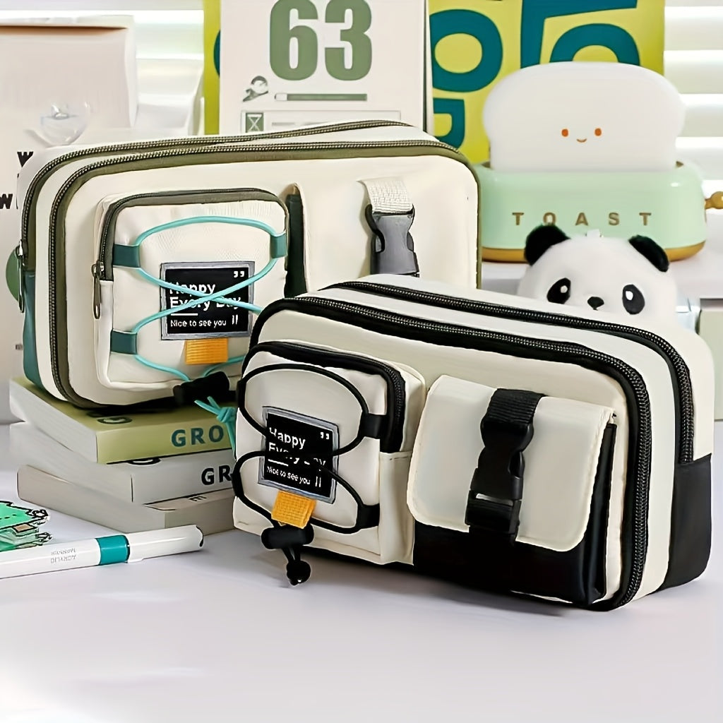 2pcs\u002F1 Set of a Workwear Style Contrast Color Pencil Case, Including a Pencil Case and a Capybara Keychain. A New Student Stationery Organizer. Storage Capacity: Features a 9-layer Large-capacity Structure, Capable of Holding 80+ Pens. It Can Store