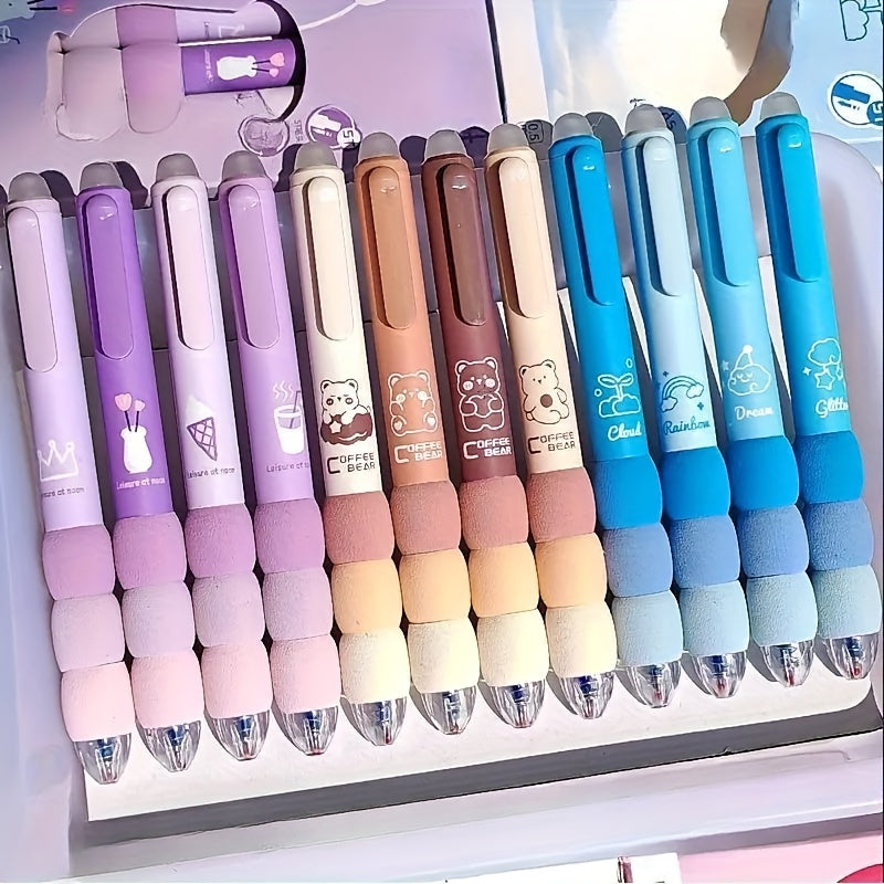 12 Cute Cartoon Erasable Gel Pens with Soft Grip, Expandable 0, 5mm Tip, Black Ink - Adorable Animal & Food Designs, Perfect for School Supplies, Gifts, and Writing Tools, Cute Pens, Diary Writing, Playful Design, Smooth Writing