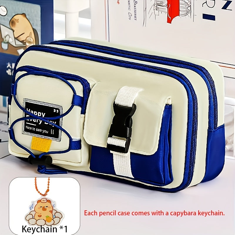 2pcs\u002F1 Set of a Workwear Style Contrast Color Pencil Case, Including a Pencil Case and a Capybara Keychain. A New Student Stationery Organizer. Storage Capacity: Features a 9-layer Large-capacity Structure, Capable of Holding 80+ Pens. It Can Store