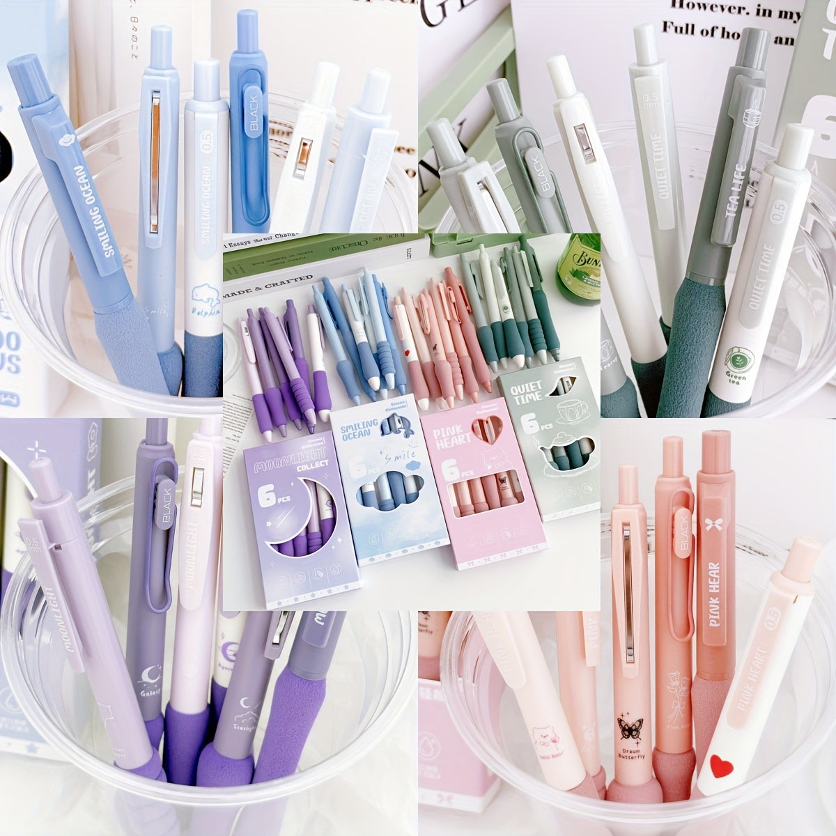 Relax Ballpoint Pens 6-Pack Dopamine Soft Grip Click Pens | 0.5mm Black Ballpoint Pens for School Students Exam, New Year Gift