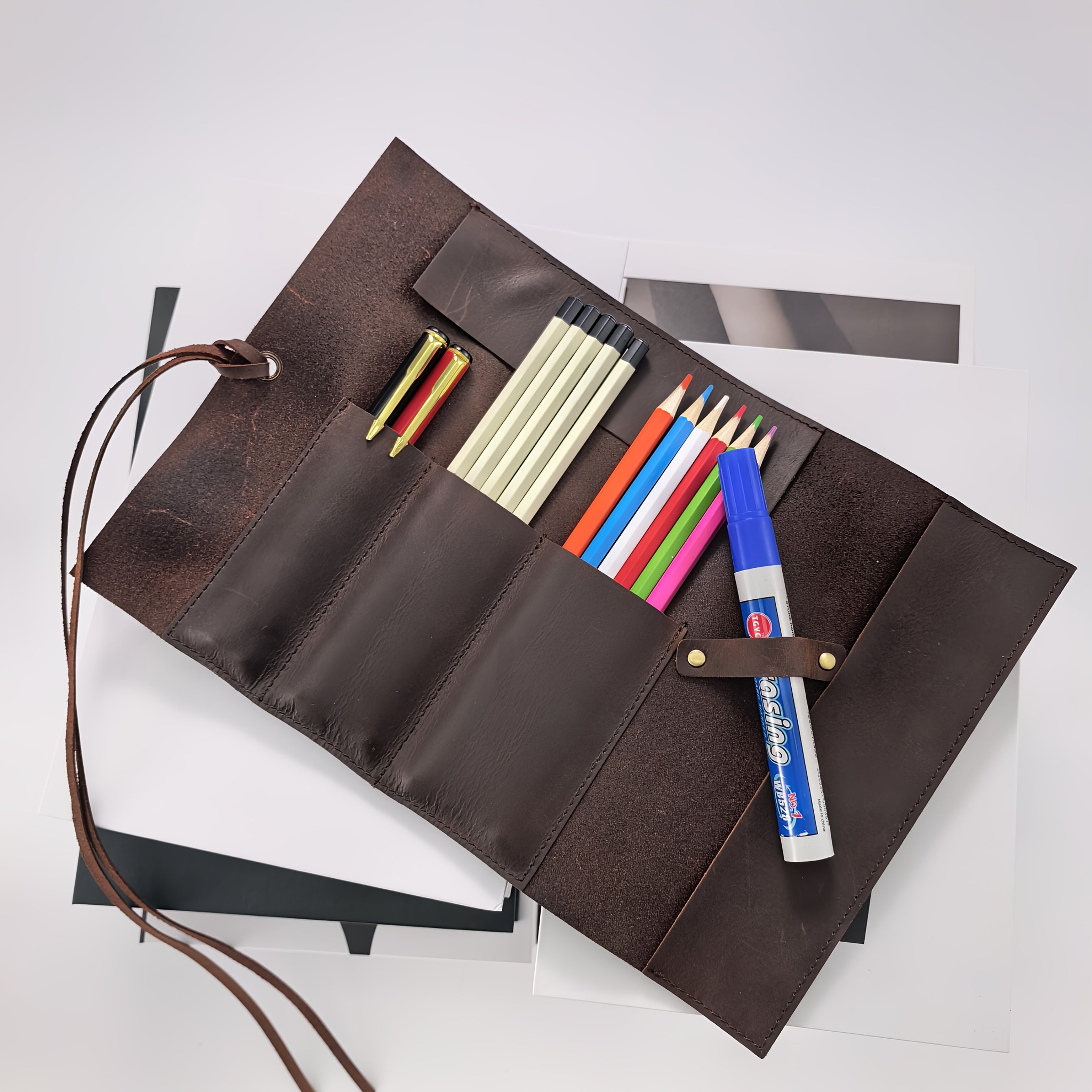 Genuine Leather Pencil Case | Vintage Handmade Top Layer Cowhide Pencil Roll, Minimalist Multifunctional Leather Pencil Organizer
