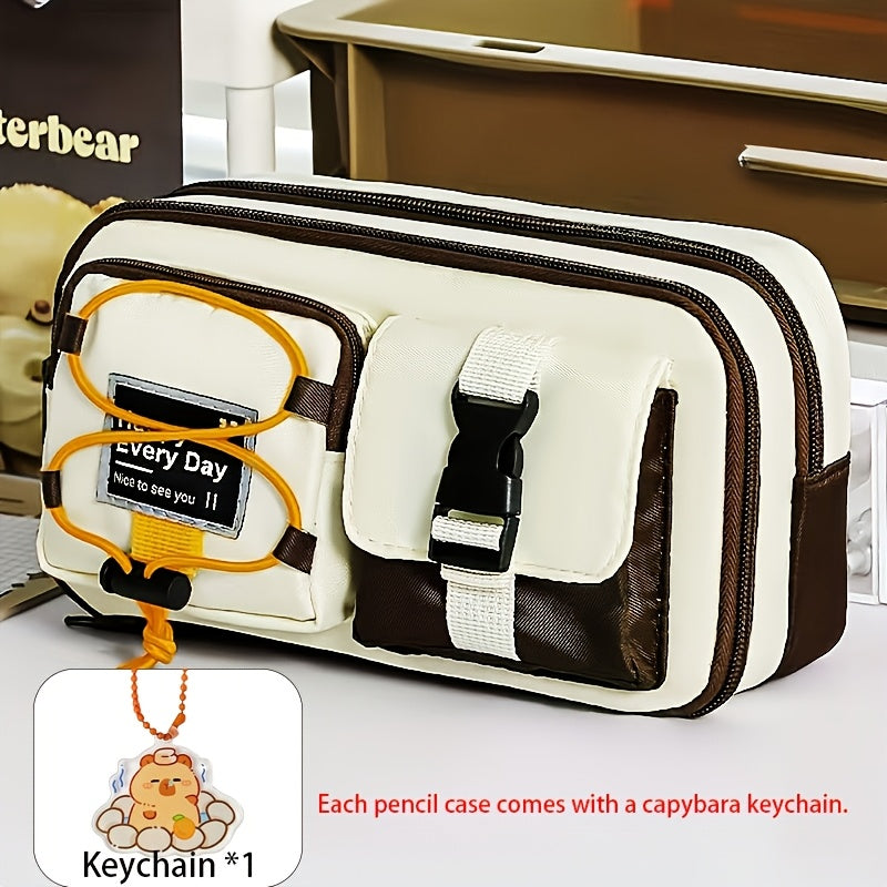 2pcs\u002F1 Set of a Workwear Style Contrast Color Pencil Case, Including a Pencil Case and a Capybara Keychain. A New Student Stationery Organizer. Storage Capacity: Features a 9-layer Large-capacity Structure, Capable of Holding 80+ Pens. It Can Store