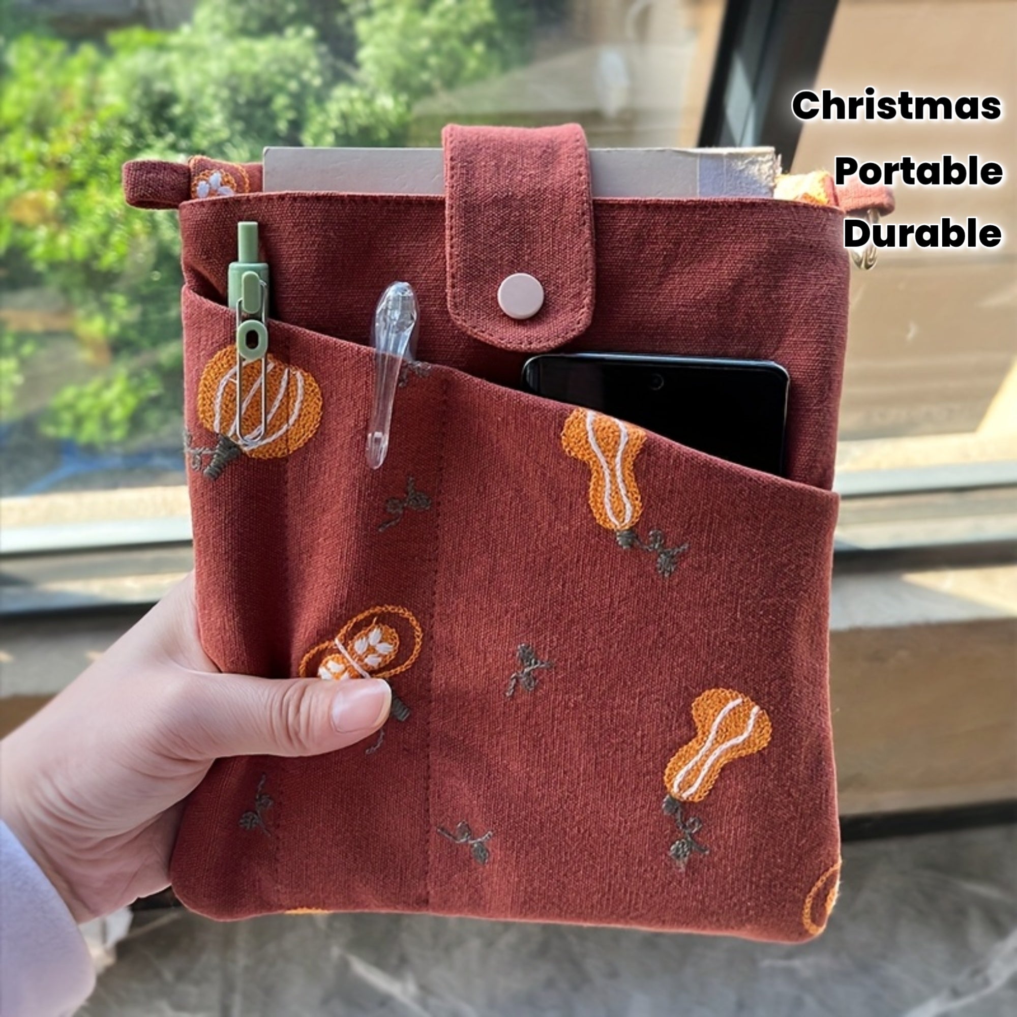 1 Portable 2-in-1 Reading Pencil Case with Embroidered Pumpkin, Dual Pockets for A5 Notebooks, Multifunctional Notebook Storage Bag, Durable Meeting Notebook Bag, Book Cover, Slim Storage Bag, Christmas Gift, Thanksgiving Gift, Birthday Gift