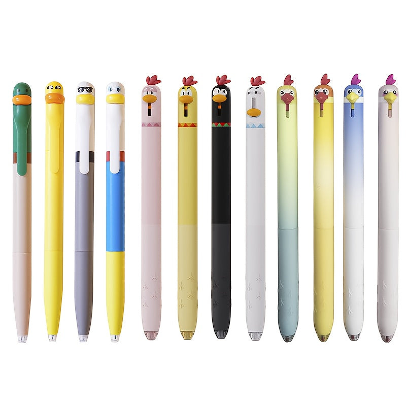 12pcs Set of Animal-Themed Gel Pens Featuring Creative Designs of Chicks, Parrots, And Ducks, 0.5Mm Black Ink Writing Pens, Bird-Shaped Stationery Gifts for Office Use